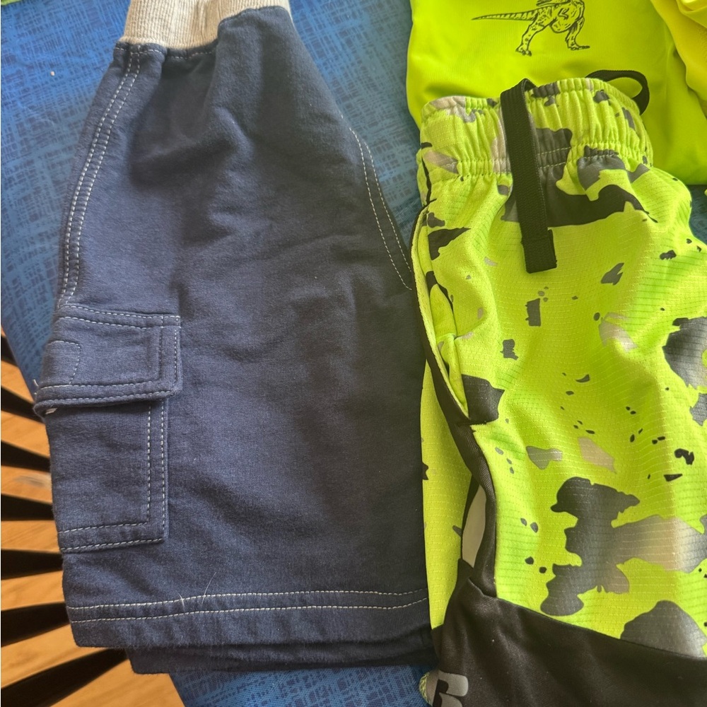 Kids Cargo Shorts and Athletic Shorts  -Navy & Neon Green 4 shorts and 1 swim